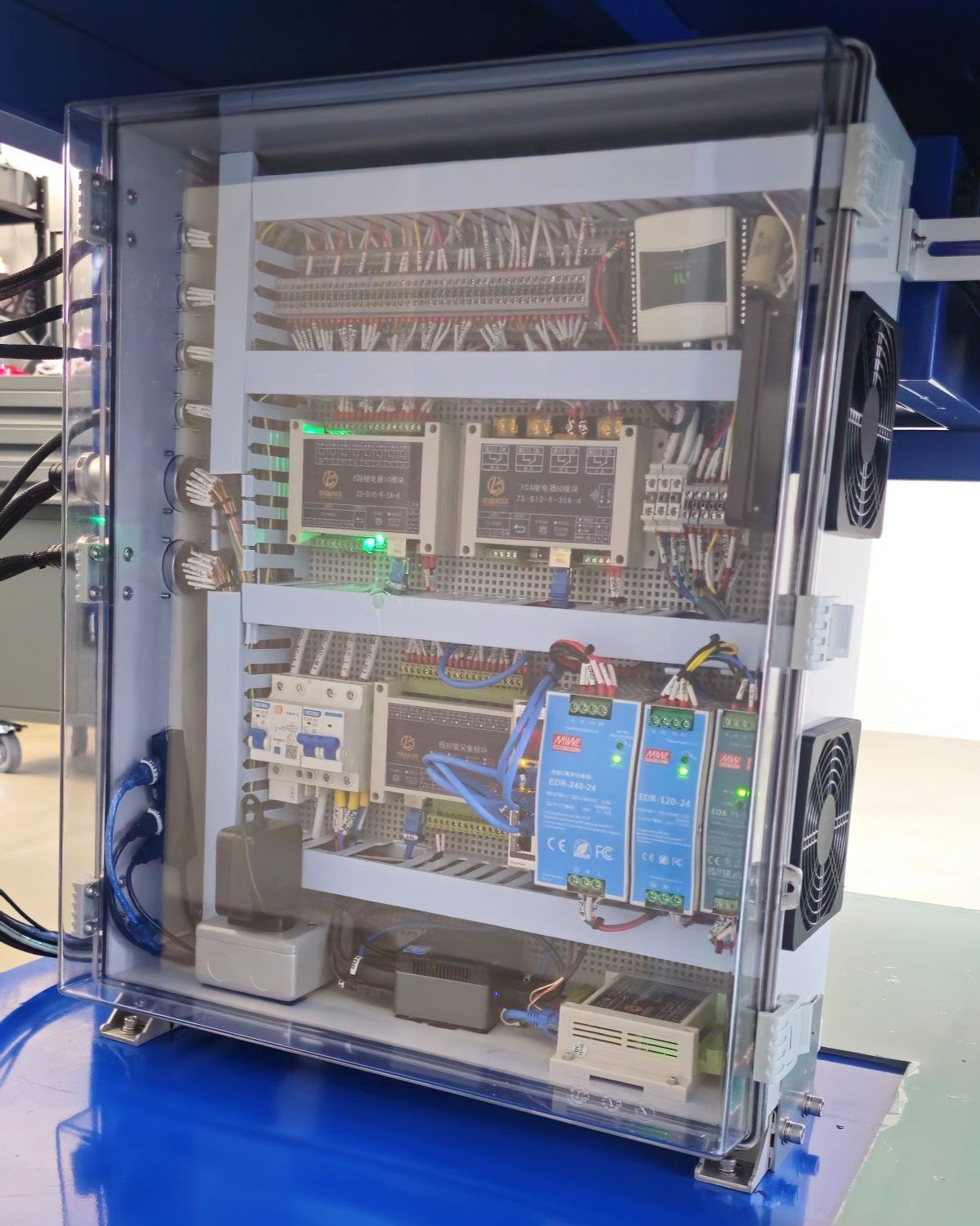Custom wired control box — NI DAQ, relays, power, and valve drive in one enclosure
