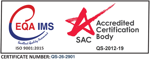 ISO 9001:2015 certified by EQA IMS, SAC-accredited certification body QS-2012-19. Certificate number QS-26-2901